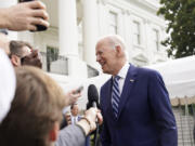 President Joe Biden speaks with members of the media before boarding Marine One on the South Lawn of the White House in Washington, Wednesday, June 28, 2023, for a short trip to Andrews Air Force Base, Md., and then on to Chicago. Biden has started using a continuous positive airway pressure, or CPAP, machine at night to help with sleep apnea, the White House said Wednesday after indents from the mask were visible on his face.