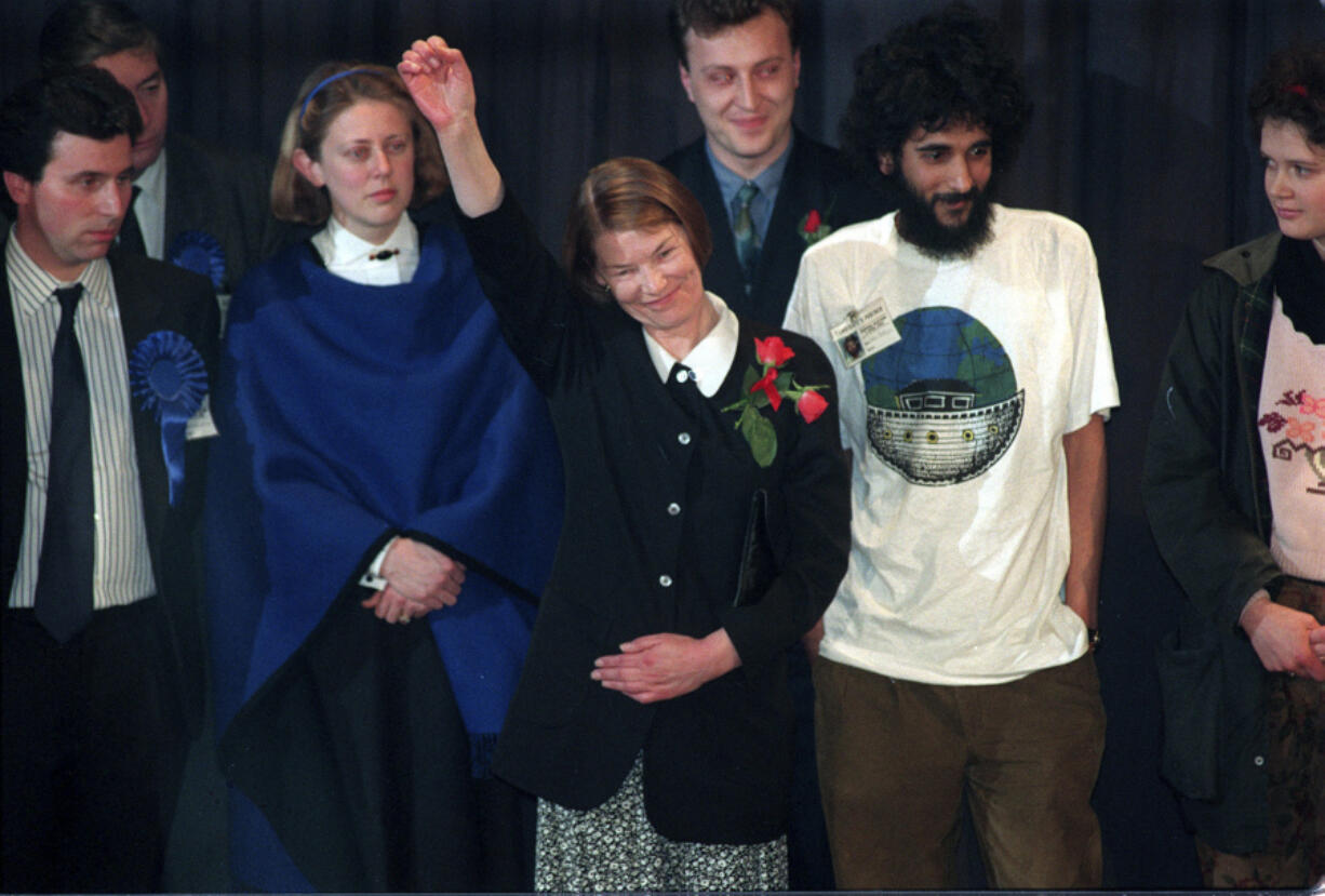 FILE - Candidate Glenda Jackson celebrates after being elected as Member of Parliament at the Hampstead and Highgate constituency for the Labour Party in London, April 10, 1992.  Glenda Jackson, a double Academy Award-winning performer who had a long second career as a British lawmaker, has died at 87. Jackson's agent Lionel Larner said she died Thursday, June 15, 2023 at her home in London after a short illness.