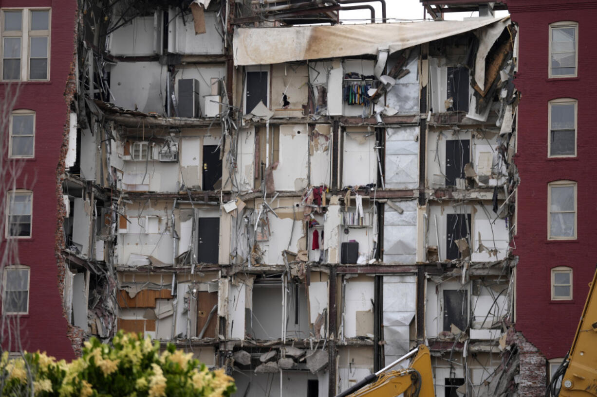 Seen is the damage from a collapsed apartment building, Monday, June 5, 2023, in Davenport, Iowa. The six-story, 80-unit building partially collapsed May 28.