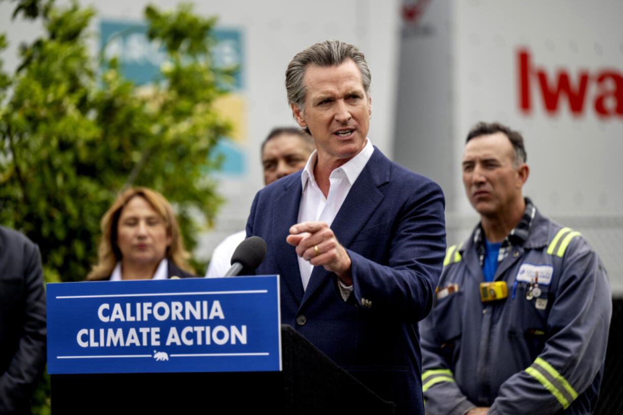 FILE - California Gov. Gavin Newsom speaks during a news conference in Paramount Calif., Monday, May 1, 2023. Late Monday, June 12, 2023, Newsom sparred with Fox News host Sean Hannity, insisting President Joe Biden is physically fit for a second term as president while refusing to say whether supporters have urged him to replace Biden on the 2024 ballot.