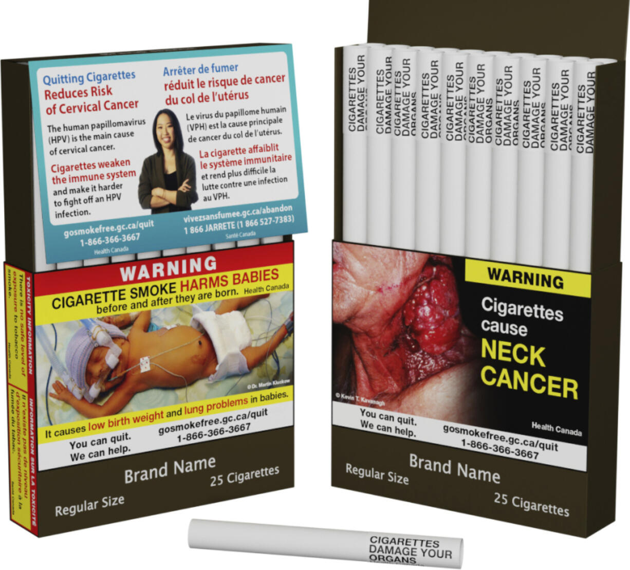 This image provided by Health Canada shows the final wording of six separate warnings that will be printed directly on individual cigarettes as Canada becomes the first in the world to take that step aimed at helping people quit the habit. The regulations take effect Aug. 1 and will be phased in. King-size cigarettes will be the first to feature the warnings and will be sold in stores by the end of July 2024, followed by regular-size cigarettes, and little cigars with tipping paper and tubes by the end of April 2025.