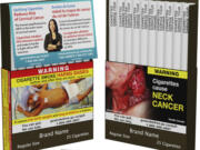 This image provided by Health Canada shows the final wording of six separate warnings that will be printed directly on individual cigarettes as Canada becomes the first in the world to take that step aimed at helping people quit the habit. The regulations take effect Aug. 1 and will be phased in. King-size cigarettes will be the first to feature the warnings and will be sold in stores by the end of July 2024, followed by regular-size cigarettes, and little cigars with tipping paper and tubes by the end of April 2025.