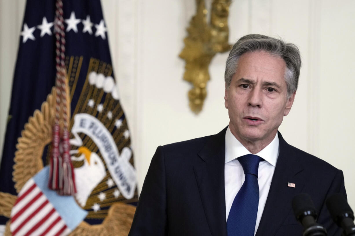 FILE - U.S. Secretary of State Antony Blinken speaks at a chiefs of mission reception in the East Room of the White House in Washington, on June 13, 2023. Blinken and Chinese Foreign Minister Qin Gang shared concerns on a phone call Wednesday, June 14, 2023 ahead of a planned visit by the U.S. official to China meant to shore up relations.