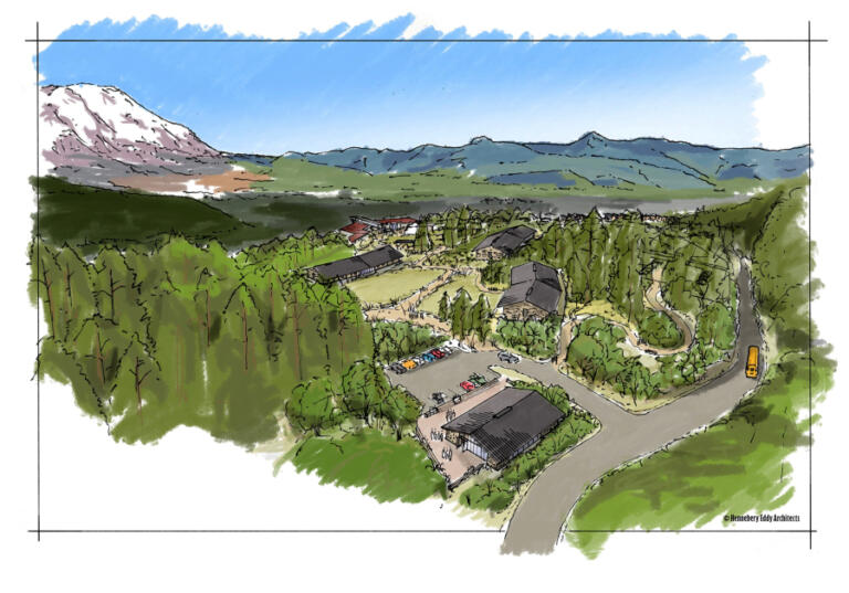 An artist's rendering sketches out the vision of the Mount St. Helens Institute to develop areas at the Science and Learning Center at Coldwater, with lodges, campgrounds and facility renovations. The U.S. Forest Service issued a 30-year permit to develop recreation sites at Coldwater Ridge. (Rendering contributed by Mount St.