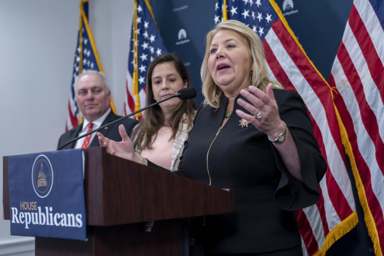 Rep. Debbie Lesko, R-Ariz., a member of the House Energy and Commerce Committee, is joined from left by House Majority Leader Steve Scalise, R-La., and House Republican Conference Chair Elise Stefanik, R-N.Y., as she talks about her bill, the Save Our Gas Stoves Act, to prohibit the U.S. Department of Energy from implementing environmental regulations on gas cooking appliances, at the Capitol in Washington, Tuesday, June 6, 2023. (AP Photo/J.