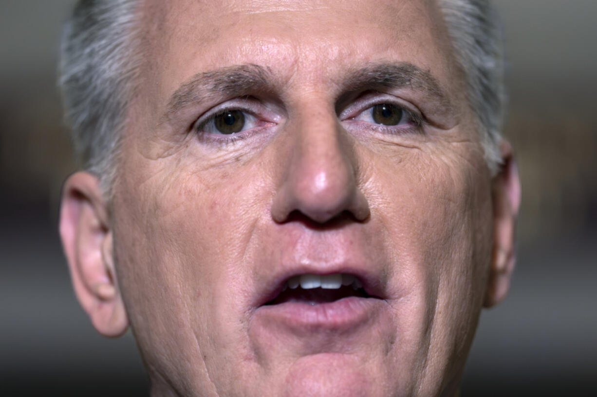 FILE - Speaker of the House Kevin McCarthy, R-Calif., talks to reporters at the Capitol in Washington, May 28, 2023. Republicans in the House are increasingly threatening impeachment against Biden and his top Cabinet officials. Impeachment has traditionally been viewed as an option of last resort in Congress, to be used only for severe wrongdoing. But the constitutionally authorized power to charge officials with "high crimes and misdemeanors" is on the way to becoming routine. (AP Photo/J.