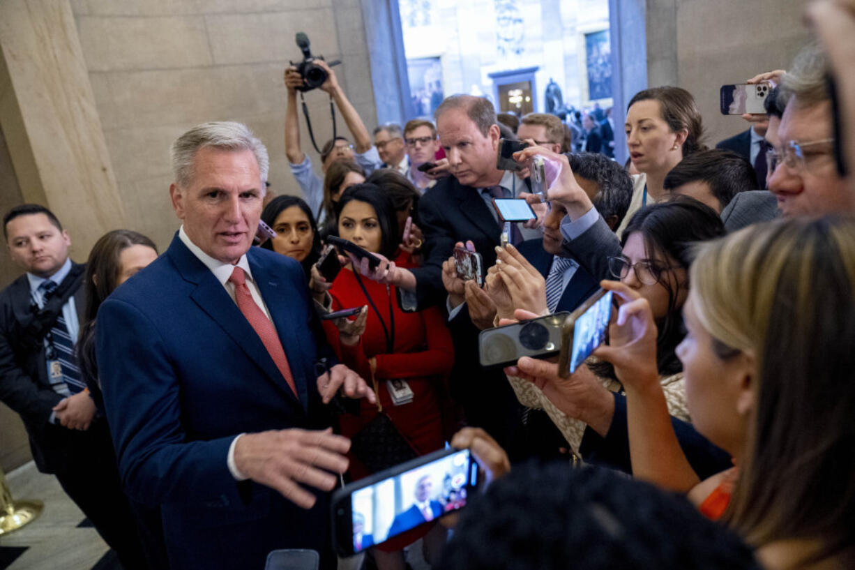 House Speaker Kevin McCarthy of Calif., speaks to reporters outside his office on Capitol Hill in Washington, Wednesday, June 7, 2023.