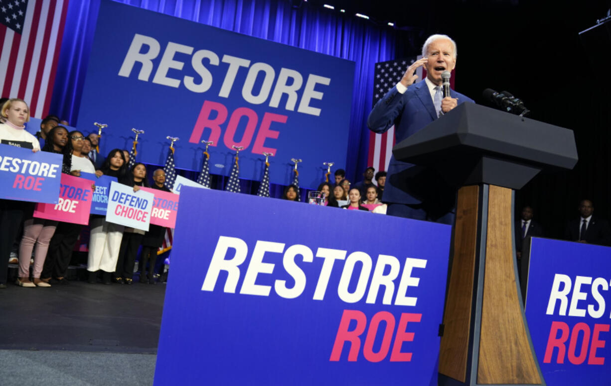 FILE - President Joe Biden speaks about abortion access during a Democratic National Committee event at the Howard Theatre, Oct. 18, 2022, in Washington. A trio of top reproductive rights groups are endorsing President Joe Biden and Vice President Kamala Harris. Planned Parenthood Action Fund, NARAL Pro-Choice America, and Emily's List are throwing their early support behind the reelection effort in part to highlight the importance of the issue for Democrats heading into the election year, leaders told the Associated Press.