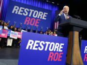 FILE - President Joe Biden speaks about abortion access during a Democratic National Committee event at the Howard Theatre, Oct. 18, 2022, in Washington. A trio of top reproductive rights groups are endorsing President Joe Biden and Vice President Kamala Harris. Planned Parenthood Action Fund, NARAL Pro-Choice America, and Emily's List are throwing their early support behind the reelection effort in part to highlight the importance of the issue for Democrats heading into the election year, leaders told the Associated Press.