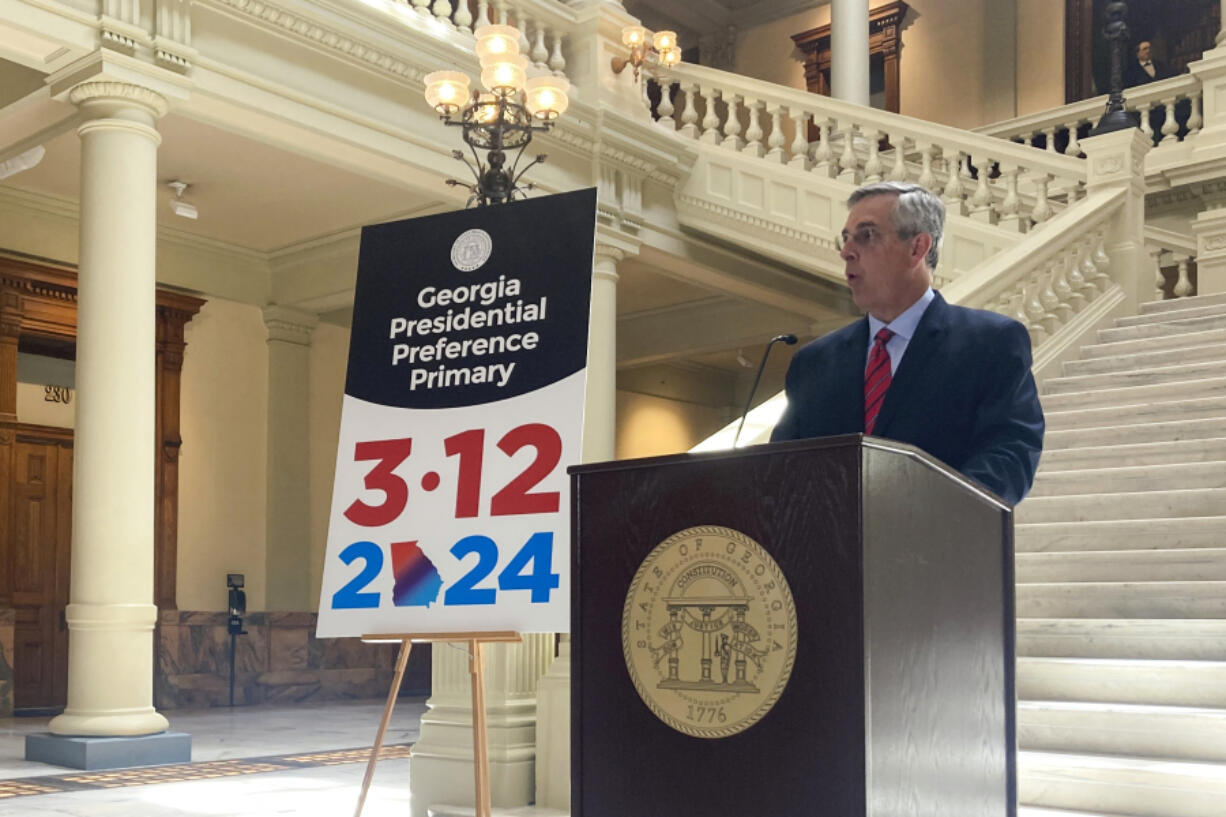 FILE - Georgia Secretary of State Brad Raffensperger announces May, 4, 2023, in Atlanta, that he has set the battleground state's presidential preference primaries dates for March 12, 2024. The Republicans elections chief rebuffed Democrats' push to make Georgia an early nominating state.