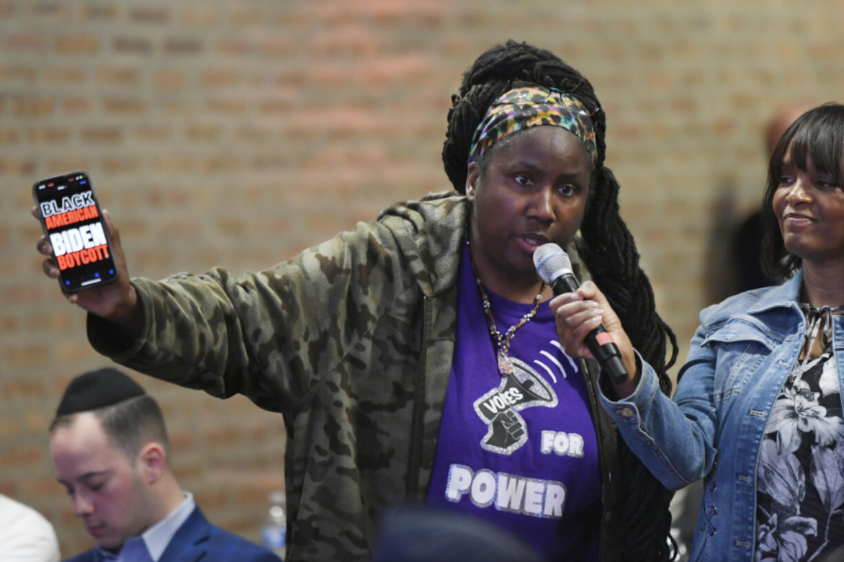 A south side resident speaks to Republican Presidential candidate Vivek Ramaswamy during a town hall meeting Friday, May 19, 2023, in Chicago.