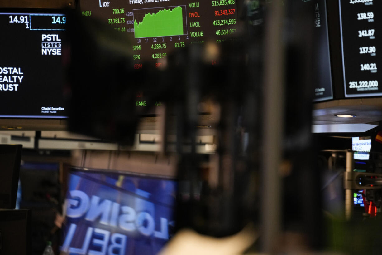 Displays show market news and data on the floor at the New York Stock Exchange in New York, Friday, June 2, 2023.