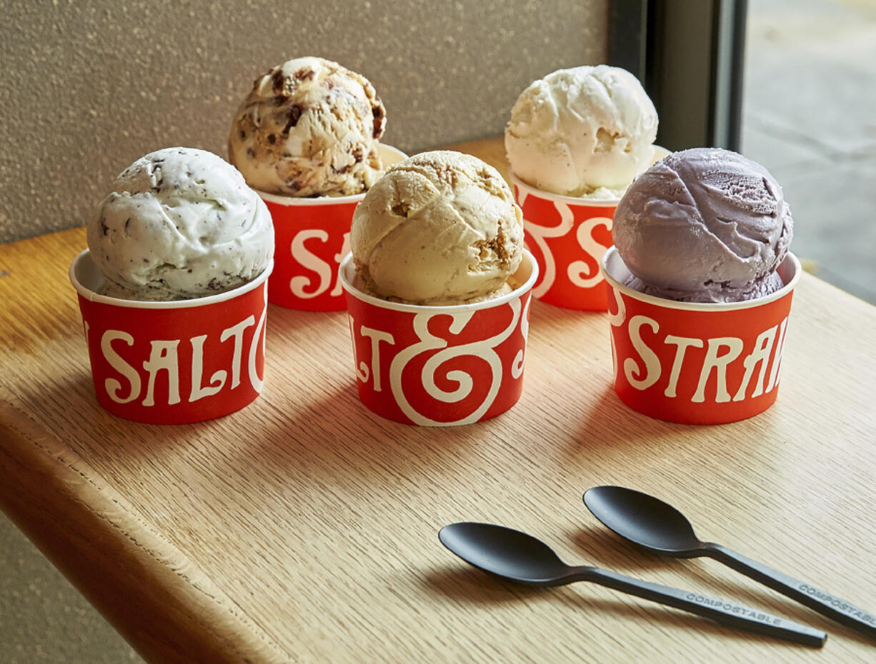 A variety of the West Coast ice creamery Salt & Straw's unique flavors. The company offers interesting combos like Pistachio with Saffron, and Hibiscus and Coconut.