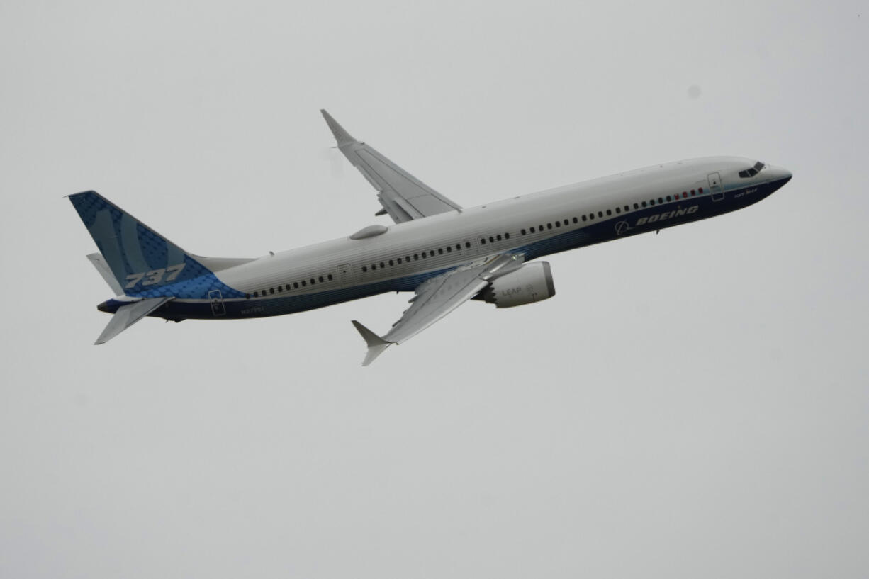 The Boeing 737 MAX 10 performs a demonstration flight during the Paris Air Show in Le Bourget, north of Paris, France, Monday, June 19, 2023.