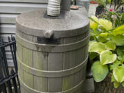 This image provided by Deborah Martin shows a rain barrel connected to a downspout in a garden on June 16, 2023, in Rockville Centre, N.Y.