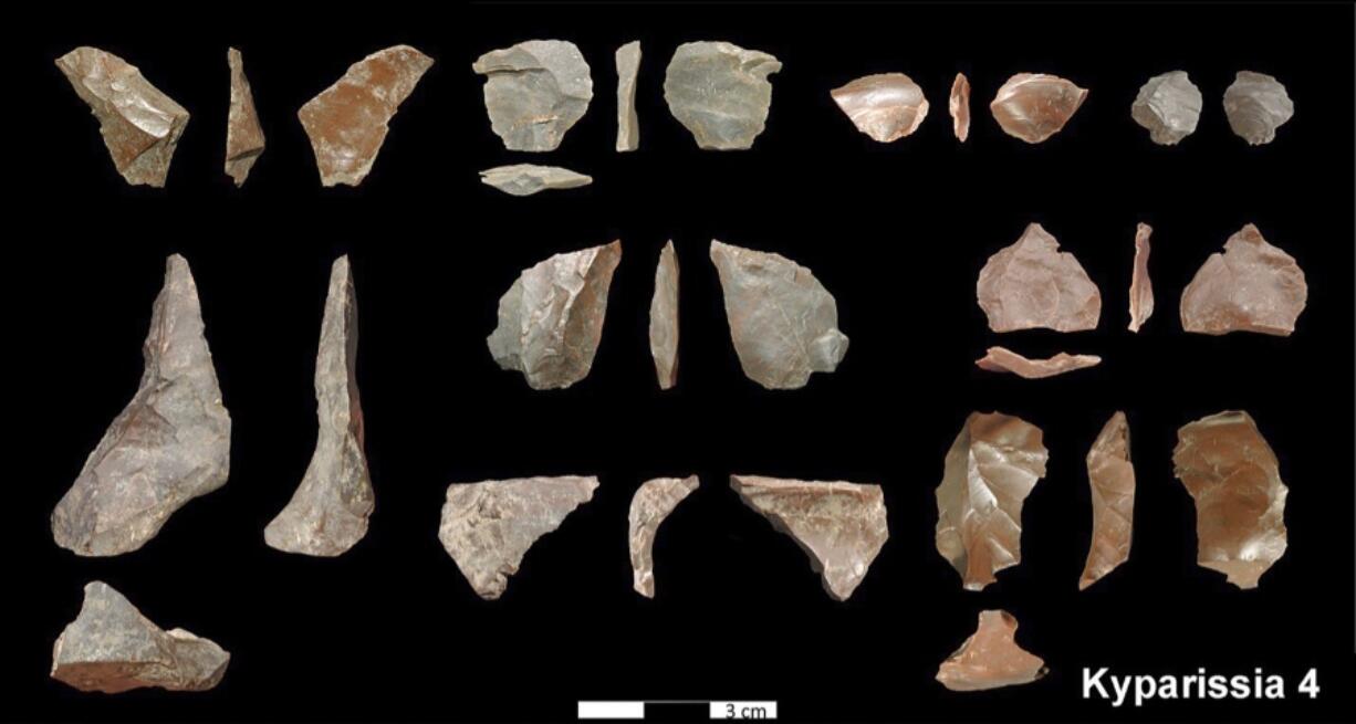 In this undated photo provided by the Greek Culture Ministry, on Thursday, June 1, 2023 shows stone tools dated about 700,000 years ago. The Culture Ministry said that a five-year international project in Megalopolis, southern Greece, has uncovered the oldest-known archaeological site in the country, pushing back the dawn of Greek archaeology by up to 250,000 years.