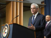 FILE - Attorney General Merrick Garland speaks at a press conference to announce arrests and disruptions of the fentanyl precursor chemical supply chain, June 23, 2023 in Washington. The Justice Department has charged dozens of people in several healthcare fraud and prescription drug schemes, including a massive scheme totaling nearly $1.9 billion and a doctor accused of ordering leg braces for patients who had their limbs amputated, officials said Wednesday.