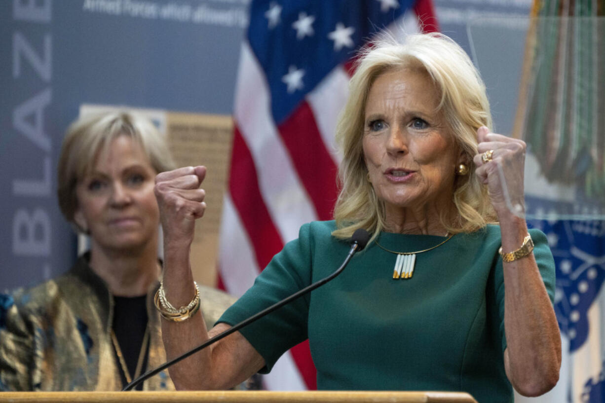 First lady Jill Biden, right, next to Phyllis Wilson, President of the Military Women's Memorial, speaks during an event honoring women in the military on the 75th Anniversary of the Women's Armed Services Integration Act, Monday, June 12, 2023, at the Military Women's Memorial at Arlington National Cemetery in Arlington, Va.