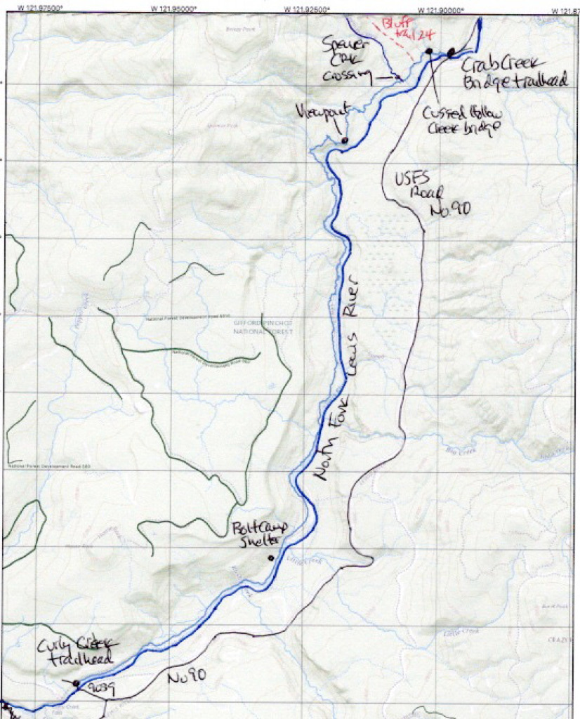 Mileage/elevation chart

Location……………Mileage…………..Elevation

Curly Creek trailhead…0.00……..1,216
Bolt Camp shelter……..2.60………1.272
Gorge viewpoint……….7.49……..1,699
Spencer Creek crossing….8.84…….1,497
Bluff trail No. 24 junction…9.99….1,610
Cussed Hollow Cr bridge….10.2…..1,519
Crab Creek Bridge trailhead…10.68….1,567 PDF