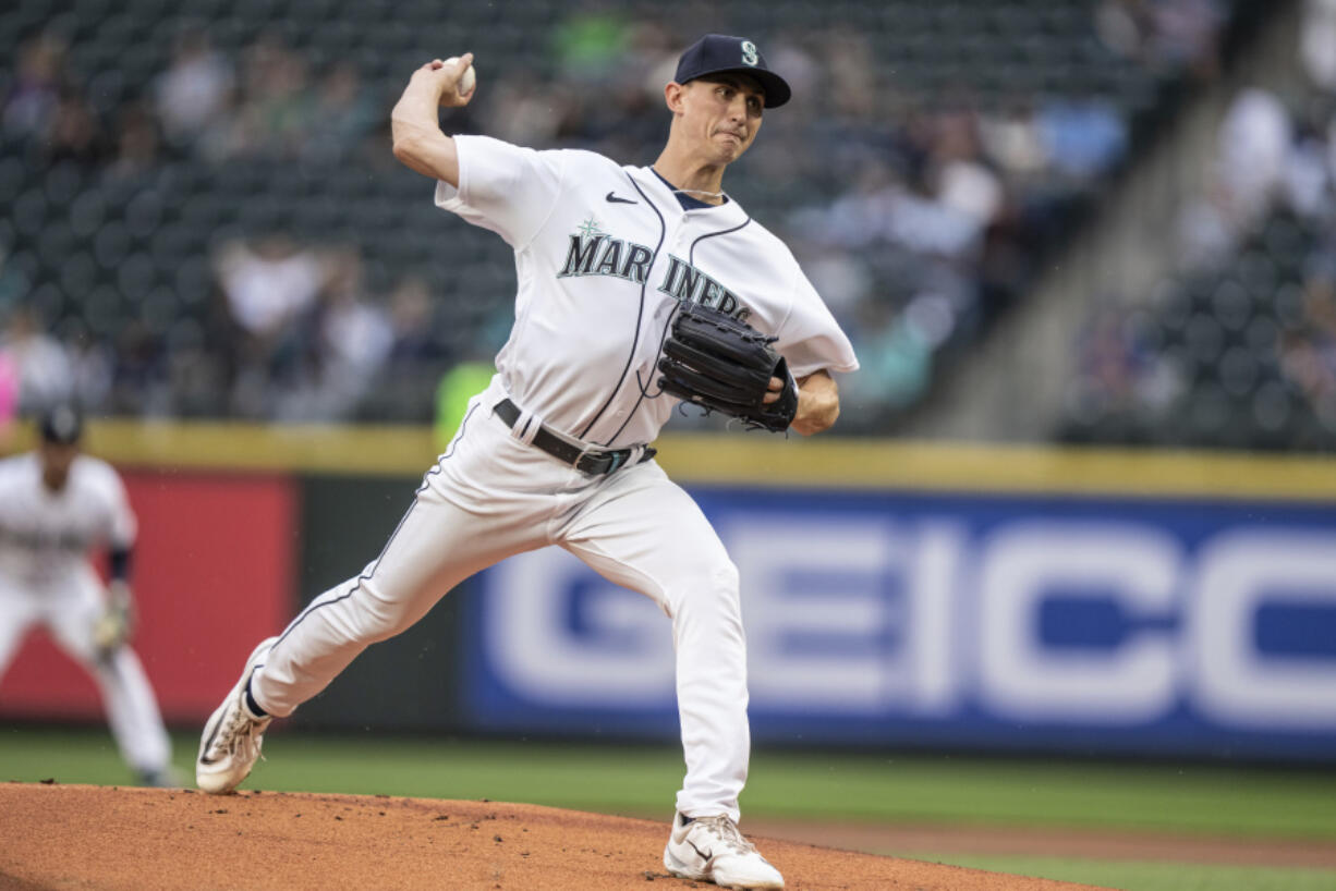 Seattle Mariners starter George Kirby throws during the first inning of the team's baseball game against the Miami Marlins, Tuesday, June 13, 2023, in Seattle.