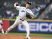 Seattle Mariners starter George Kirby throws during the first inning of the team's baseball game against the Miami Marlins, Tuesday, June 13, 2023, in Seattle.