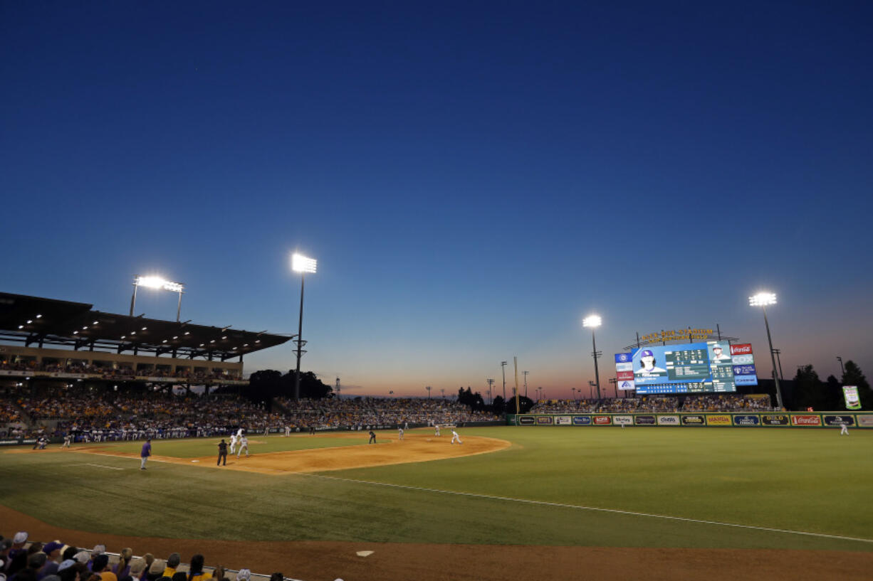 An overall general view of the field during an NCAA college baseball tournament super regional game between LSU and Kentucky in Baton Rouge, La., Sunday, June 11, 2023. LSU won 8-3.