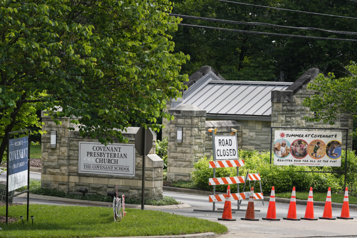 An entrance to The Covenant School is seen Wednesday, May 24, 2023, in Nashville, Tenn. The school is the site where a deadly shooting in March took the lives of three 9-year-olds and three adults.