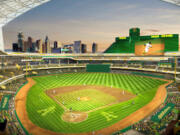 FILE - This rendering provided by the Oakland Athletics on May 26, 2023, shows a view of their proposed new ballpark at the Tropicana site in Las Vegas. The Oakland Athletics cleared a major hurdle for their planned relocation to Las Vegas after the Nevada Legislature gave final approval on Wednesday, June 14, to public funding for a portion of the proposed $1.5 billion stadium with a retractable roof.