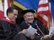 Pat Robertson, right, the founder of Christian Broadcasting Network and the chancellor of Regent University, sits with Republican presidential hopeful Mitt Romney, the former governor of Massachusetts, before Romney delivers the commencement address to the 2007 graduating class of Regent University in Virginia Beach, Va., on May 5, 2007. Robertson died June 8. (Gary C.