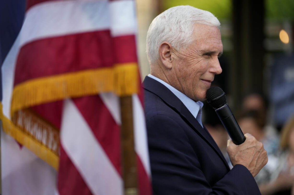 Former Vice President Mike Pence speaks to local residents during a meet and greet, Tuesday, May 23, 2023, in Des Moines, Iowa.