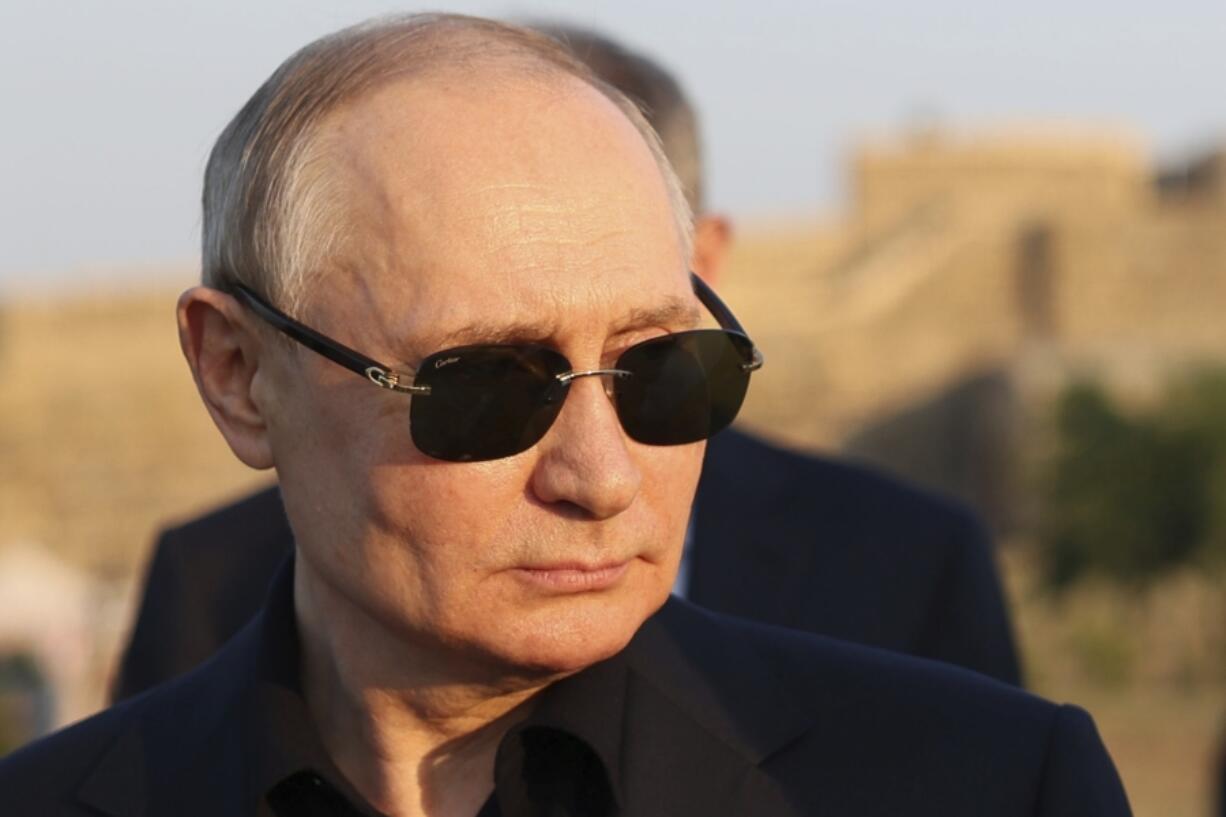 FILE - Russian President Vladimir Putin visits the Naryn-Kala fortress in Derbent during his working visit to Dagestan Republic, Russia, Wednesday, June 28, 2023. After a chaotic and stumbling response to mercenary chief Yevgeny Prigozhin's mutiny, Putin tried to fix the damage to his standing with a series of events aimed at projecting an image of strength and authority.