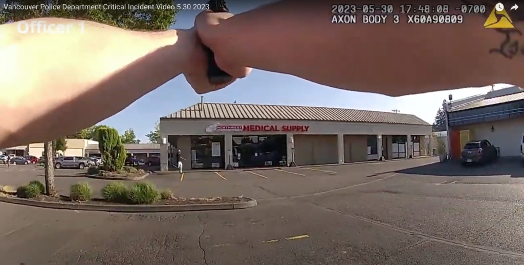 This screenshot from Vancouver Police Department critical incident video shows armed robbery suspect 43-year-old Joshua James Wilson of Vancouver running westbound through the parking lot of the Heights Shopping Center on May 30. Wilson was fatally shot by police.