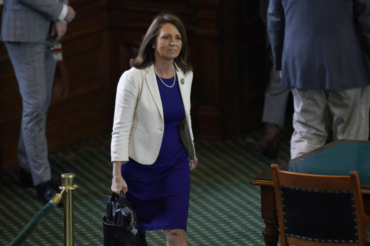 Texas state Sen. Angela Paxton, R-McKinney, wife of impeached state Attorney General Ken Paxton, arrives to the Senate Chamber at the Texas Capitol in Austin, Texas, Monday, May 29, 2023. The historic impeachment of Paxton is plunging Republicans into a bruising fight over whether to banish one of their own in America's biggest red state.