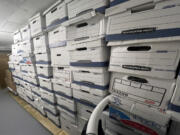 This image, contained in the indictment against former President Donald Trump, shows boxes of records in a storage room at Trump's Mar-a-Lago estate in Palm Beach, Fla., that were photographed on Nov. 12, 2021. Trump is facing 37 felony charges related to the mishandling of classified documents according to an indictment unsealed Friday, June 9, 2023.