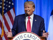 FILE - Former President Donald Trump speaks during the North Carolina Republican Party Convention in Greensboro, N.C., Saturday, June 10, 2023. As former President Donald Trump prepares for a momentous court appearance this week on charges related to the hoarding of top-secret documents, Republican allies are amplifying without evidence claims that he's the target of a political prosecution.