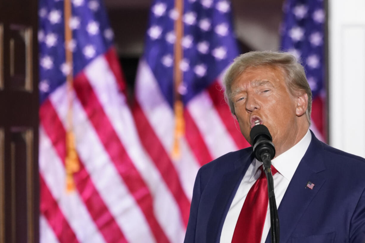 Former President Donald Trump speaks at Trump National Golf Club in Bedminster, N.J., Tuesday, June 13, 2023, after pleading not guilty in a Miami courtroom earlier in the day to dozens of felony counts that he hoarded classified documents and refused government demands to give them back.