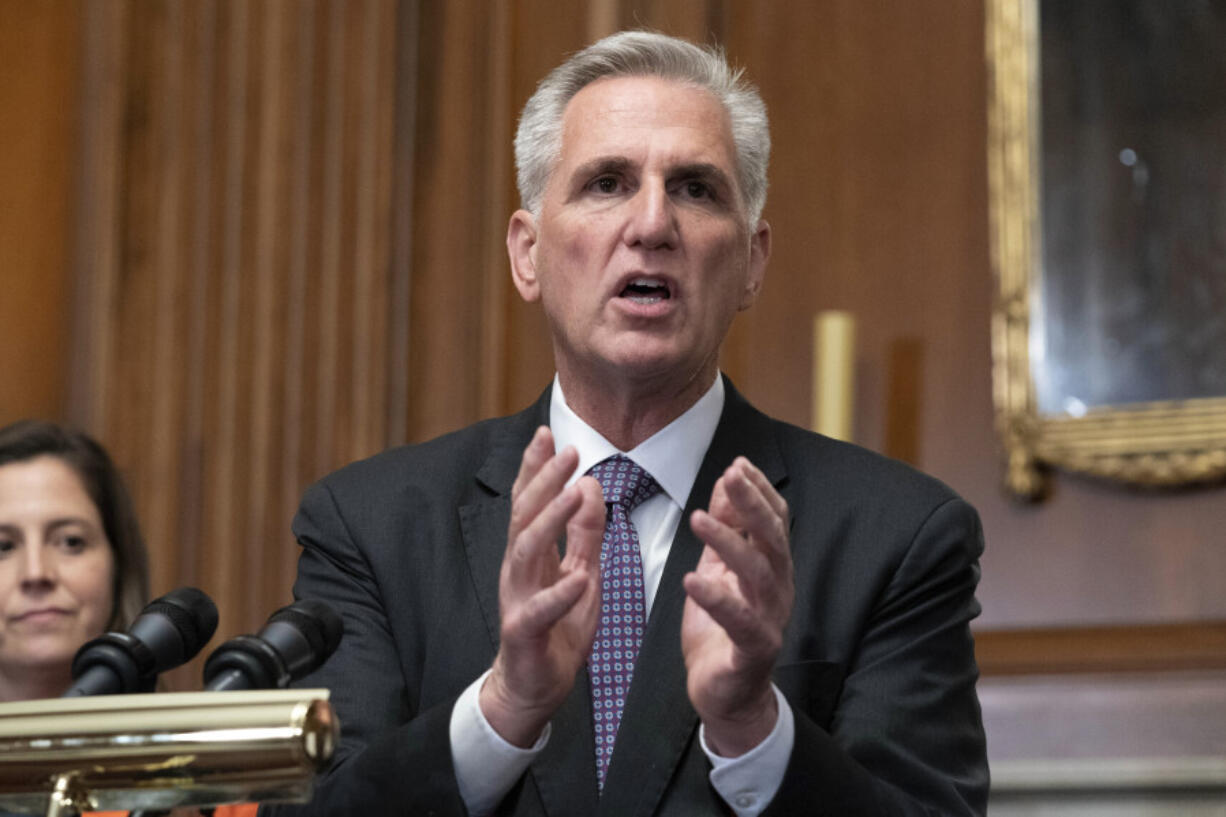 FILE - House Speaker Kevin McCarthy of Calif., speaks at a news conference at the Capitol in Washington, May 31, 2023. Moments after Donald Trump pleaded not guilty to federal charges that he hoarded classified documents and then conspired to obstruct an investigation about it, the Republicans in Congress had his back. Trump's mounting legal jeopardy has quickly become a political rallying cry as they rush to stand by the indicted former president.