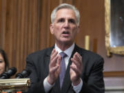 FILE - House Speaker Kevin McCarthy of Calif., speaks at a news conference at the Capitol in Washington, May 31, 2023. Moments after Donald Trump pleaded not guilty to federal charges that he hoarded classified documents and then conspired to obstruct an investigation about it, the Republicans in Congress had his back. Trump's mounting legal jeopardy has quickly become a political rallying cry as they rush to stand by the indicted former president.