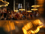 Muslim worshippers pray at Byzantine-era Hagia Sophia mosque during the first day of Eid al-Adha in Istanbul, Turkey, Wednesday, June 28, 2023. Muslims around the world celebrate Eid al-Adha by sacrificing animals to commemorate the prophet Ibrahim's faith in being willing to sacrifice his son.