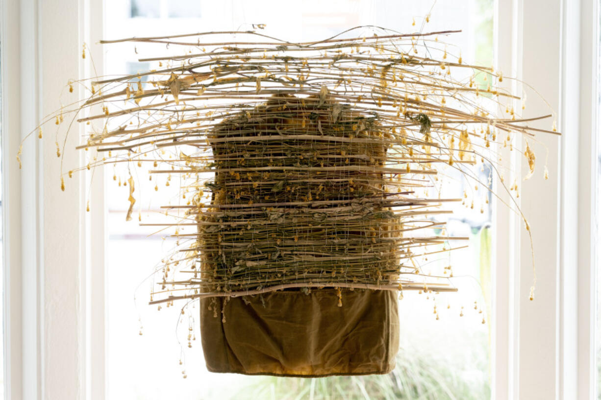 A vest dyed naturally using wild mustard is on display with dried wild mustard stalks and flowers in Max Kingery's clothing shop in Los Angeles. (Photos by Jae C.