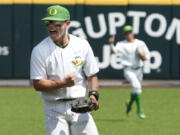 Oregon second baseman Gavin Grant celebrates after completing a double play in the ninth inning to end Oregon's 5-4 win over Xavier during an NCAA regional college tournament baseball game on Friday June 2, 2023, in Nashville, Tenn.