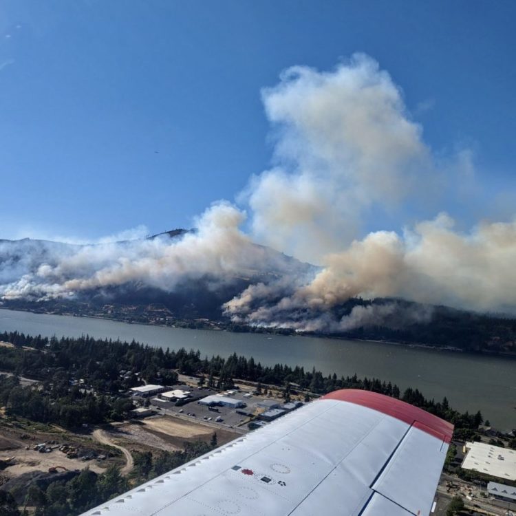 The Tunnel 5 wildfire burns on more than 530 acres near Underwood, Wash., in the Columbia River Gorge on Monday, July 3, 2023.