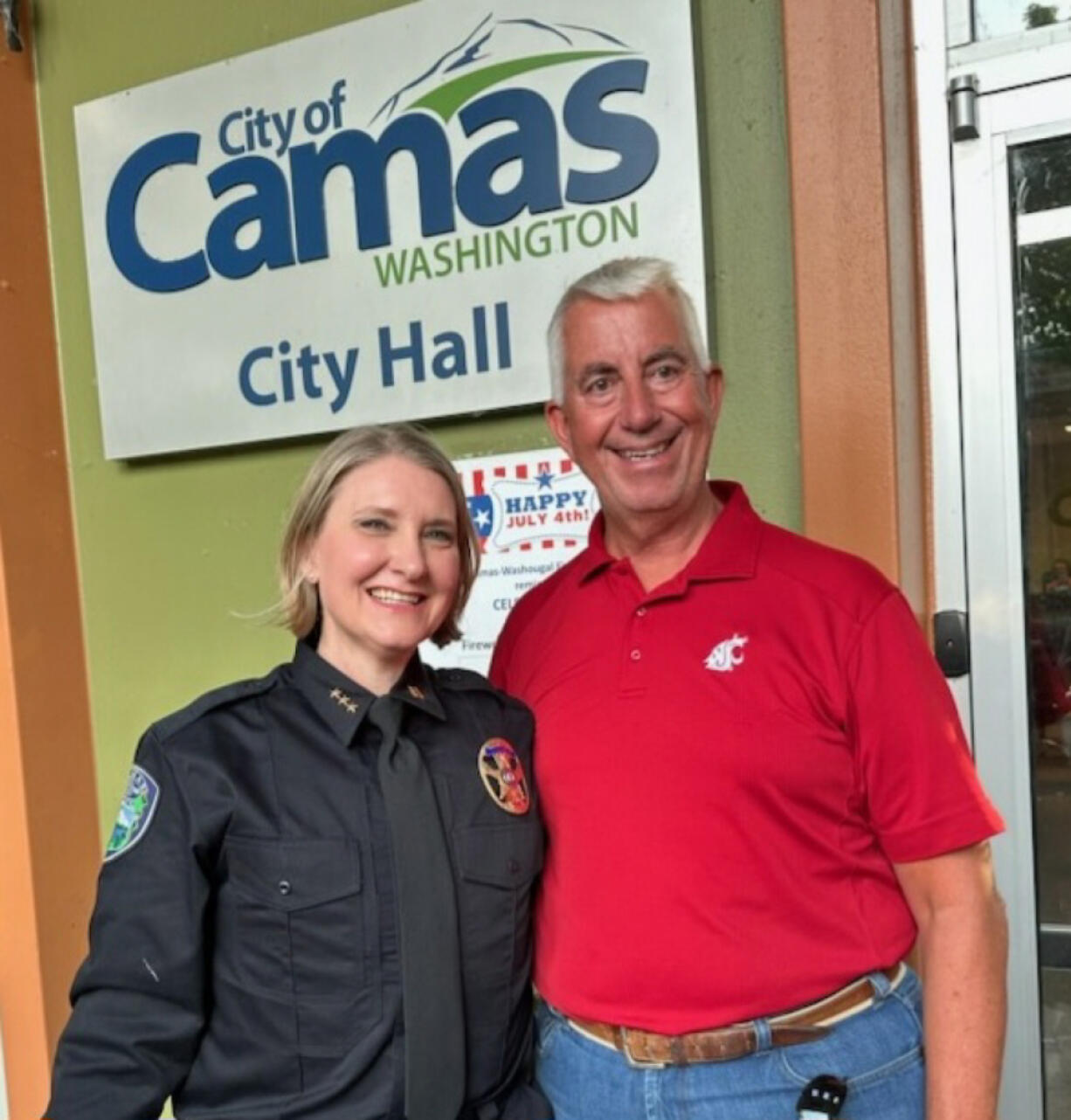 New Camas Police Chief Tina Jones stands outside Camas City Hall with retiring Camas Police Chief Mitch Lackey earlier this month.