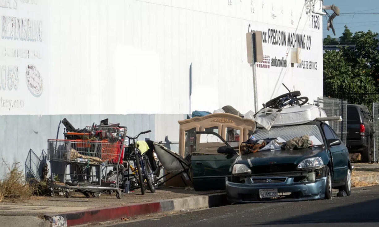 A homeless encampment along Deering Avenue in Canoga Park, in Los Angeles. (Myung J.