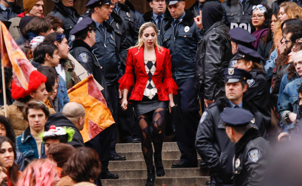 Lady Gaga performs March 25 during the filming of the movie "Joker: Folie ? Deux" in New York.