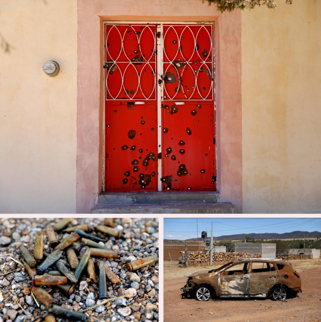 The bullet-ridden door of a house that was abandoned by the owners, above. Bullet casings line the highway between the towns of Palmas Altas and Jerez, below left. A burned out vehicle near Palmas Altas.