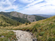 A side trail along the Grouse Vista Trail leads up a slope where you can take in this view of Pyramid Rock, the peak of Silver Star Mountain and far-distant ridges to the southeast.