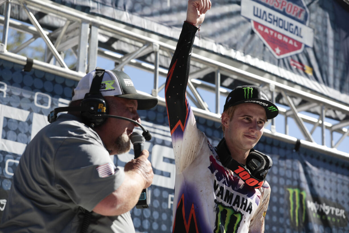 Levi Kitchen of Washougal responds to the crowd after the 250 Class Moto 2 at the 42nd annual Washougal National motocross race at Washougal MX Park on Saturday, July 22, 2023.