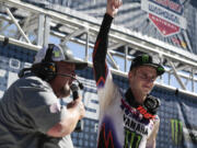 Levi Kitchen of Washougal responds to the crowd after the 250 Class Moto 2 at the 42nd annual Washougal National motocross race at Washougal MX Park on Saturday, July 22, 2023.