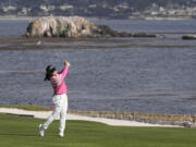 Nasa Hataoka, of Japan, hits from the 18th fairway during the third round of the U.S. Women's Open golf tournament at the Pebble Beach Golf Links, Saturday, July 8, 2023, in Pebble Beach, Calif.